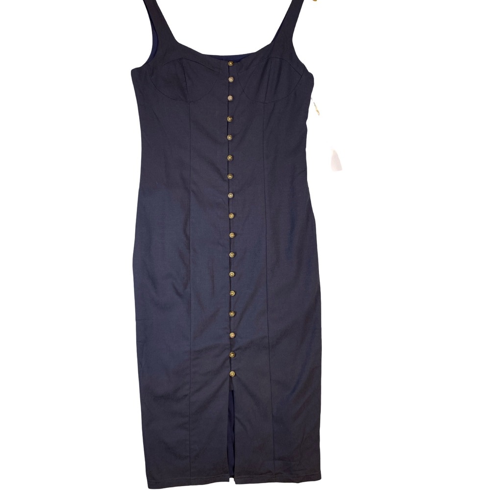 Lumiere Navy Blue Button Front Bustier Midi Dress Womens Large Sleeveless Sheath - Picture 12 of 13